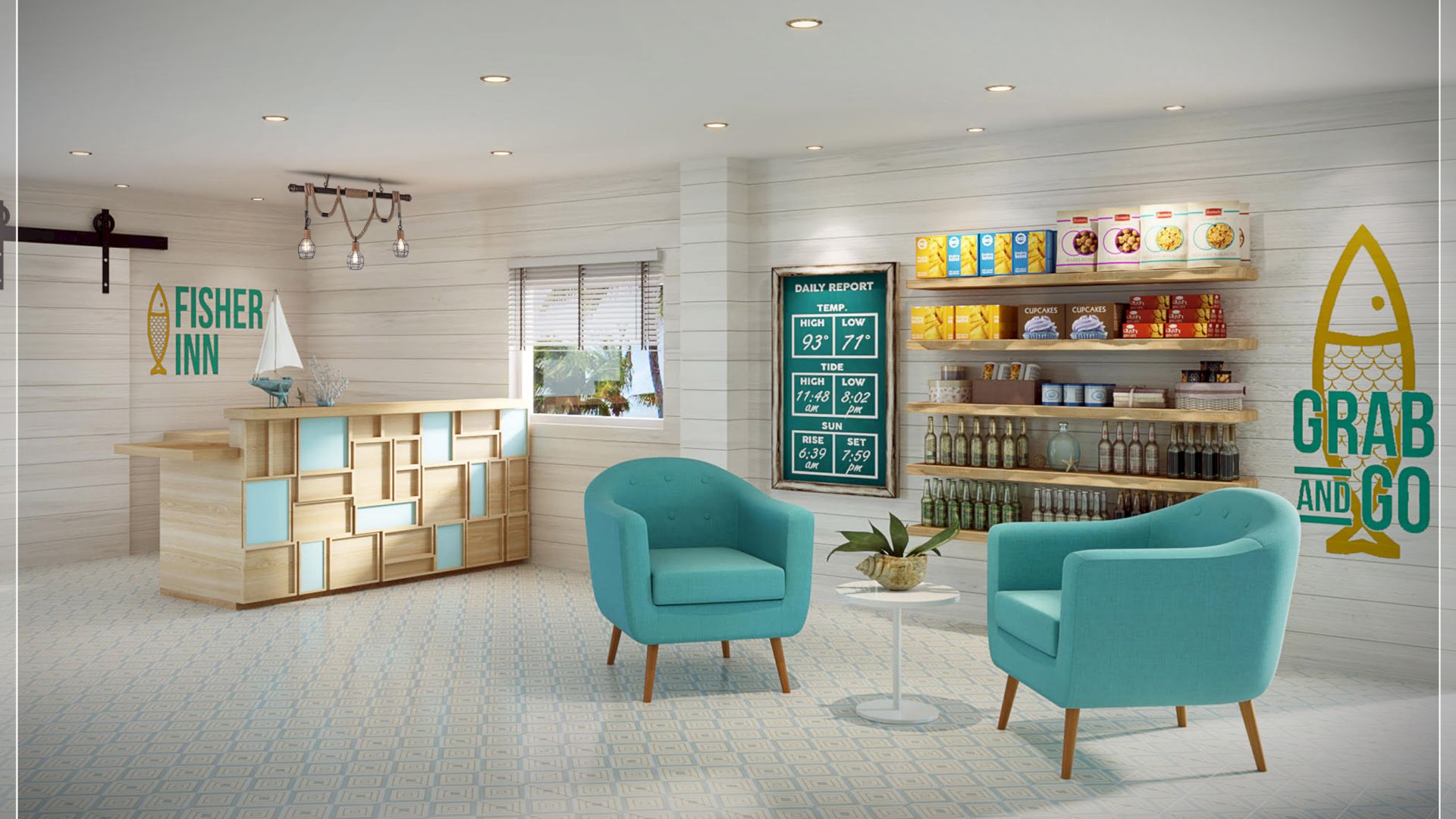 A modern, cozy shop with teal chairs, a wooden counter, shelves of snacks, and a "Grab and Go" sign on the wall.