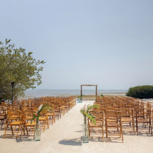 The image shows a beach wedding setup with rows of wooden chairs facing an archway near the water, surrounded by greenery and palm trees.