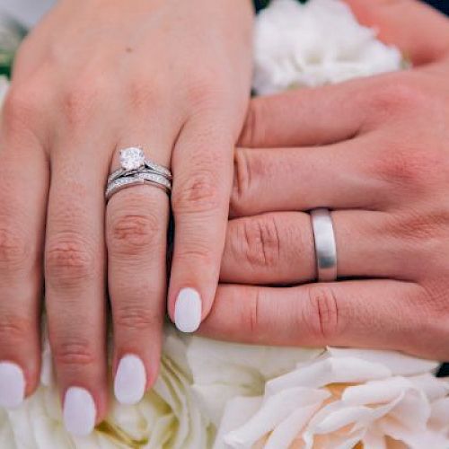 Two hands displaying wedding rings rest on a bouquet of white flowers, symbolizing a wedding or engagement.