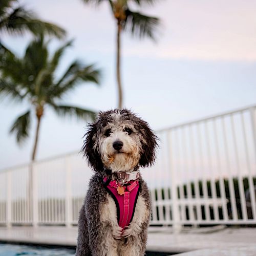 A dog with a pink harness sits by a pool with a white fence and palm trees in the background, under a sky showing the soft hues of a setting sun.