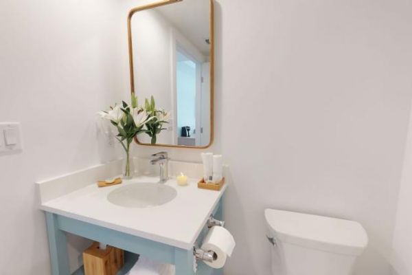 A clean bathroom featuring a sink with a mirror above, flowers on the counter, a soap dispenser, a candle, and a toilet.