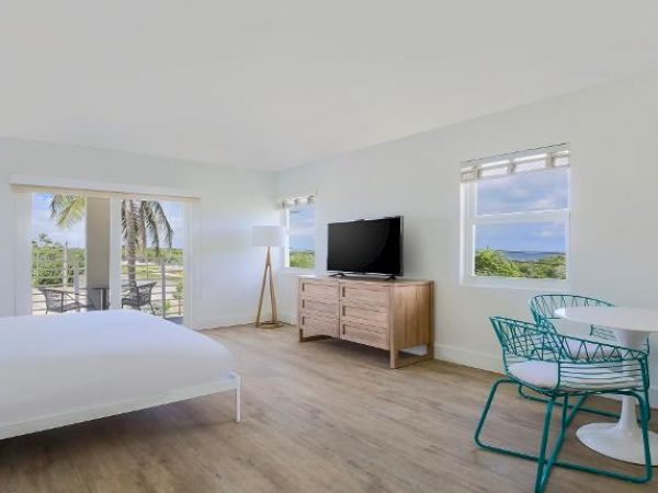 A bright, airy room with a bed, TV on a wooden stand, round table with chairs, and a balcony with a view of palm trees and greenery.