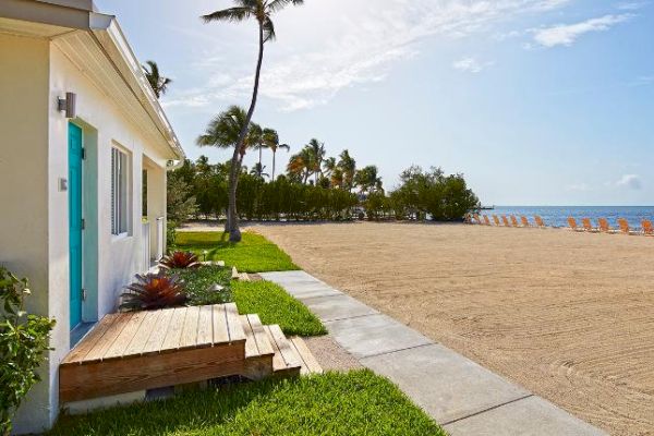 A pristine beach with palm trees, sun loungers, and a bright beach house with a turquoise door. The ocean is in the background under a clear sky.