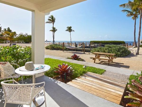 A beachside patio with chairs, a table, and plants, overlooking a path, picnic table, and palm trees leading to the ocean under a clear blue sky.