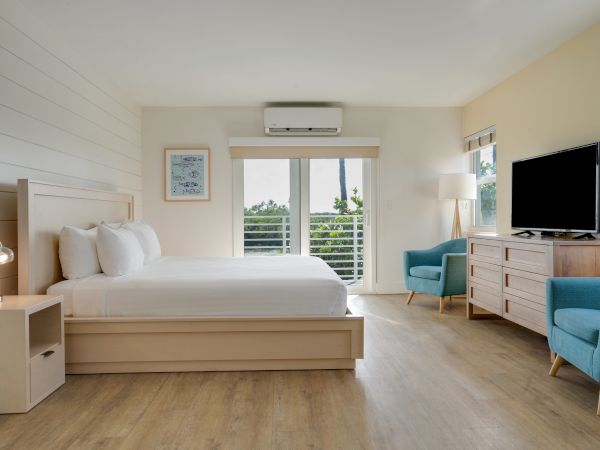 A modern, tidy bedroom with a large bed, two blue chairs, a flat-screen TV, wooden furniture, and a window with blinds letting in natural light.