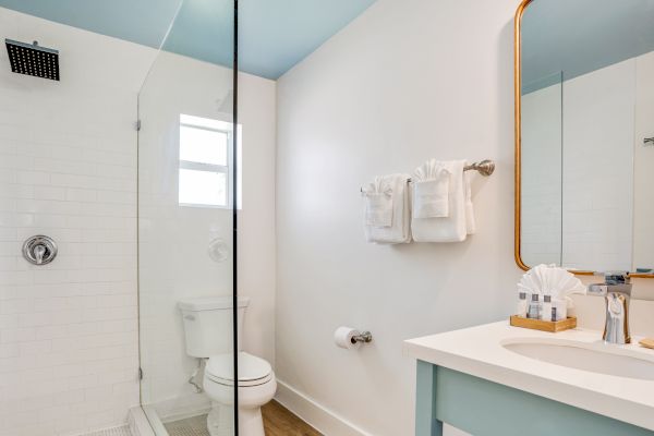 A modern bathroom with a glass-enclosed shower, toilet, sink with vanity, mirror, and white towels on a rack.