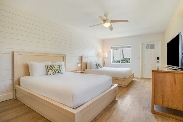 The image shows a clean, bright bedroom with two double beds, white linens, a ceiling fan, a flat-screen TV, and wooden floors, with natural light.