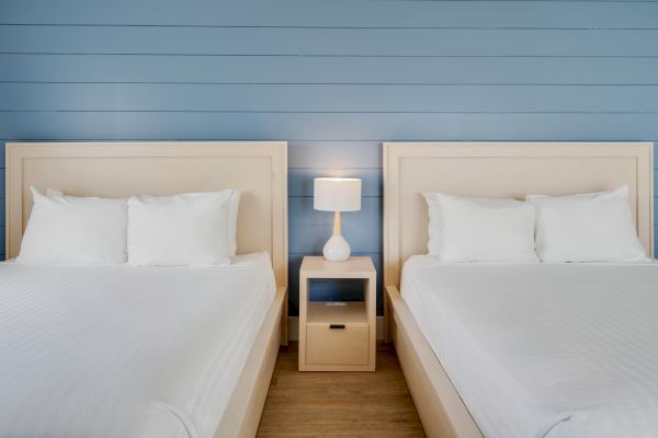 The image shows two neatly made beds with white linens, separated by a nightstand holding a lamp, against a blue paneled wall.