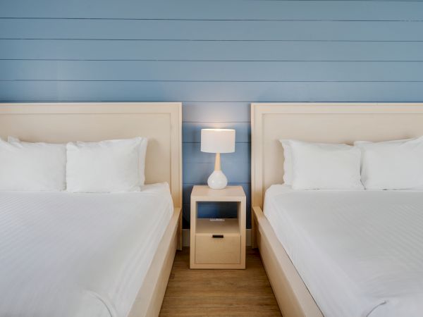The image shows two neatly made beds with white linens, separated by a nightstand holding a lamp, against a blue paneled wall.