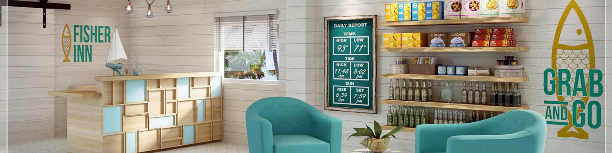 The image shows a modern, cozy convenience store with teal chairs, shelves stocked with various products, and signs reading "Fisher Inn" and "Grab and Go."