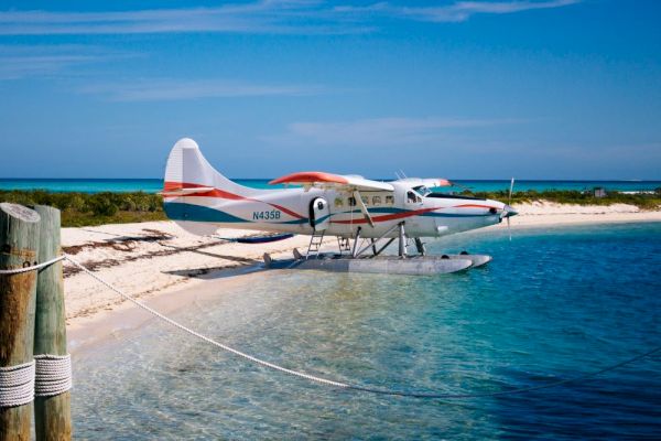 A seaplane is parked on the shore of a tropical beach with clear blue water and a sandy coastline in the background, next to a wooden post.