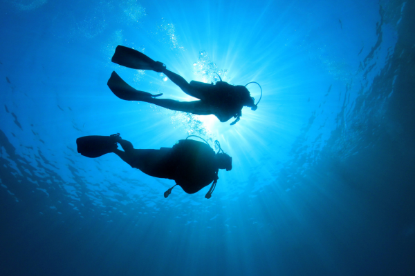 Two scuba divers swimming underwater with sunlight filtering down through the water.