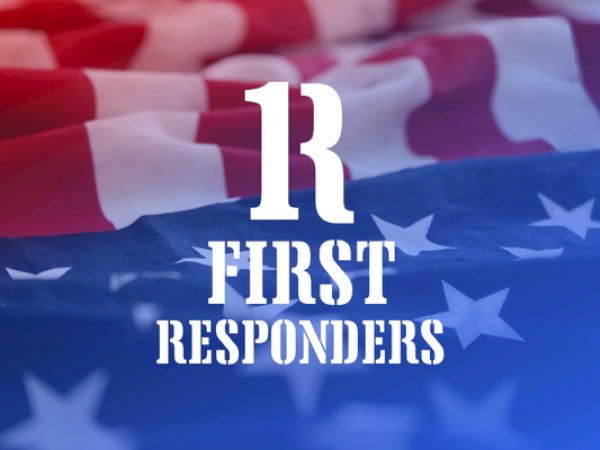 The image displays an American flag background with the text "First Responders" prominently in white font.