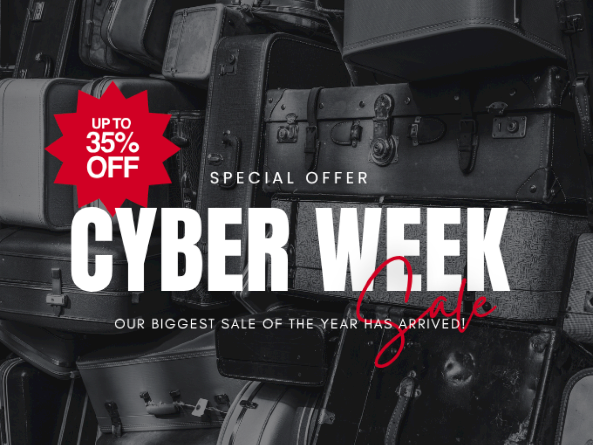 The image promotes a "Cyber Week Sale" with up to 35% off on luggage and travel bags, highlighting a special offer.