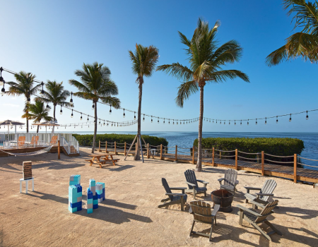 A sunny beach setup with palm trees, string lights, wooden fences, Adirondack chairs, and a view of the sea.