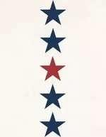 A vertical line of five stars&mdash;blue-red-blue-blue-blue&mdash;on a light background, with the red star in the middle. end.