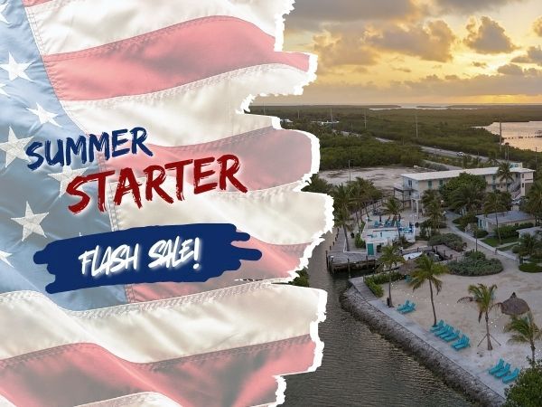Summer starter: flip-flop vibes, sunlit coast, palm trees, and a splashy patriotic banner. It screams summer fun.