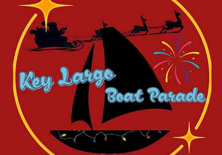 A nautical-themed logo: a black sailboat in front of fireworks, with &ldquo;Key Largo Boat Parade&rdquo; text on a red background.