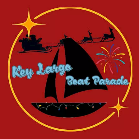A nautical-themed logo: a black sailboat in front of fireworks, with &ldquo;Key Largo Boat Parade&rdquo; text on a red background.