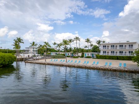 A tranquil waterfront scene with blue lounge chairs on a sandy beach, surrounded by palm trees and buildings under a partly cloudy sky.