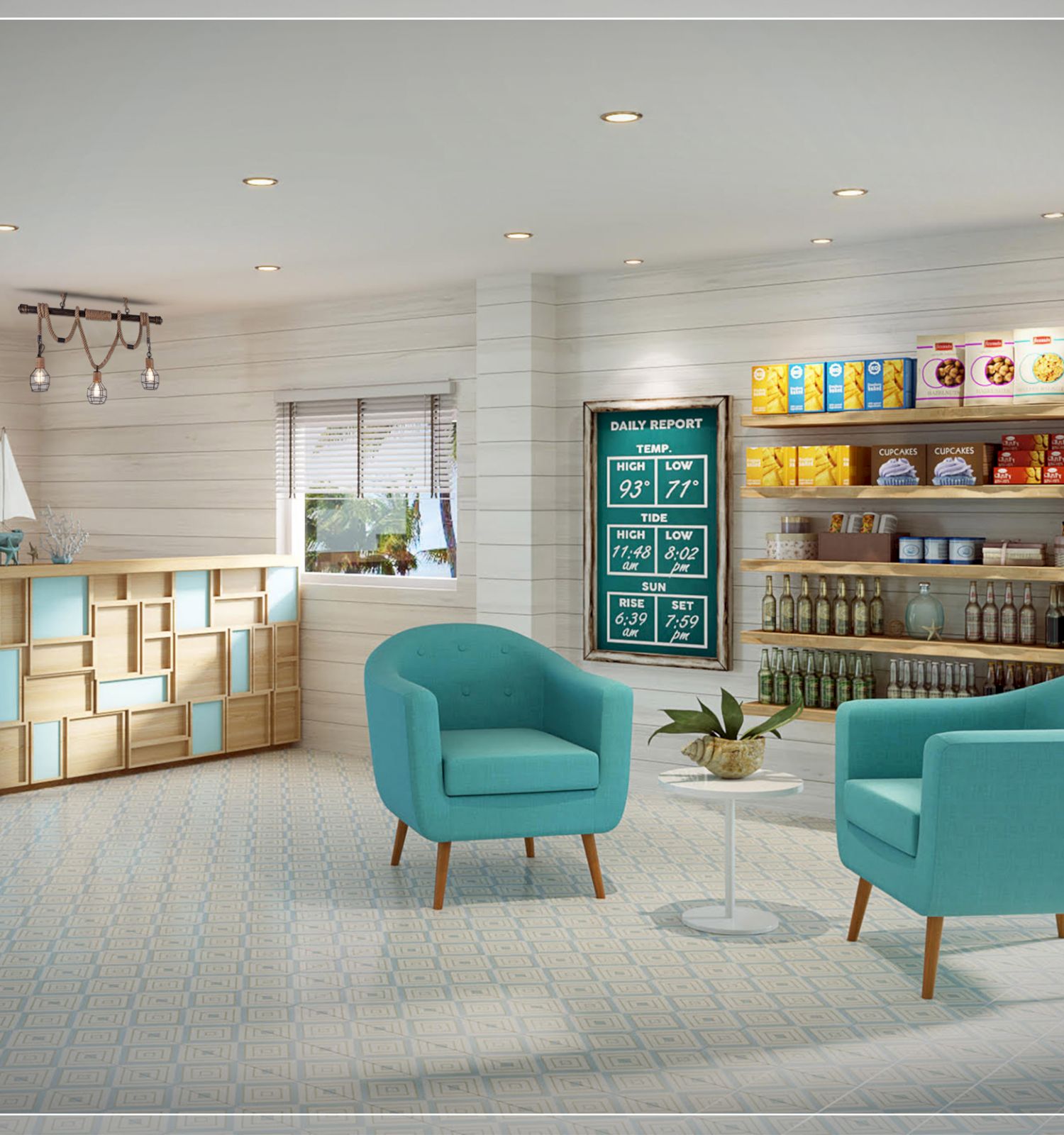 The image shows a modern, cozy retail space with two teal armchairs, a small table, shelves stocked with snacks, and a counter labeled 